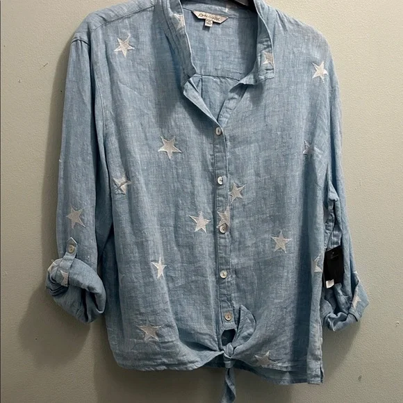 Women's Light Blue Star Linen Tie-Front Shirt - Picture 2 of 7